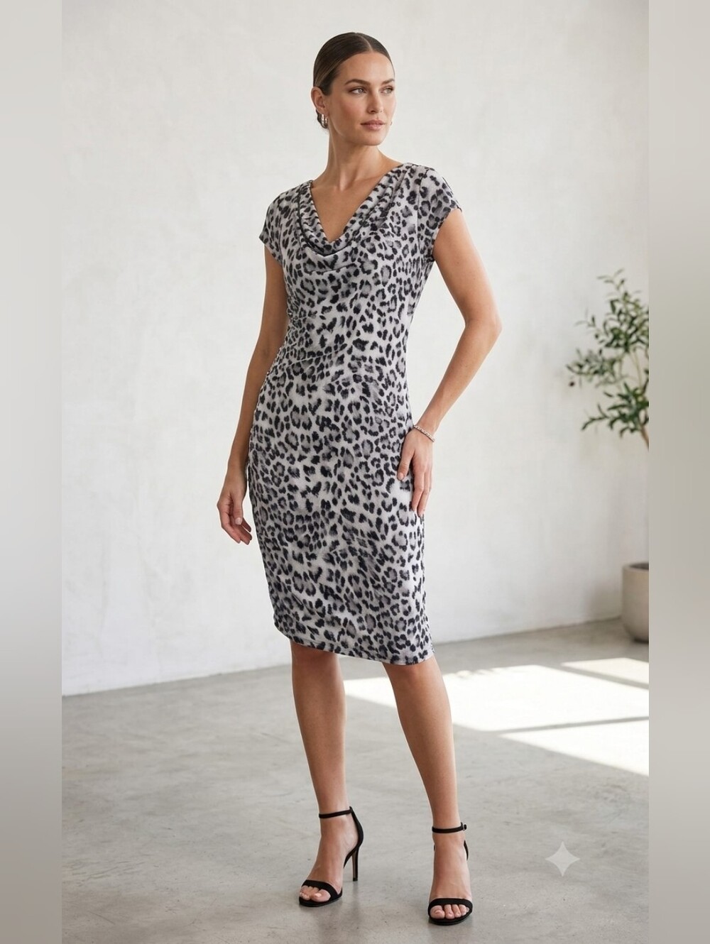 Neutral Leopard Print Cowl Neck Dress